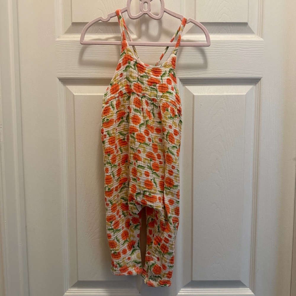 Angel Dear Orange Floral Cotton Muslin Sleeveless Criss Cross Jumpsuit 18-24M